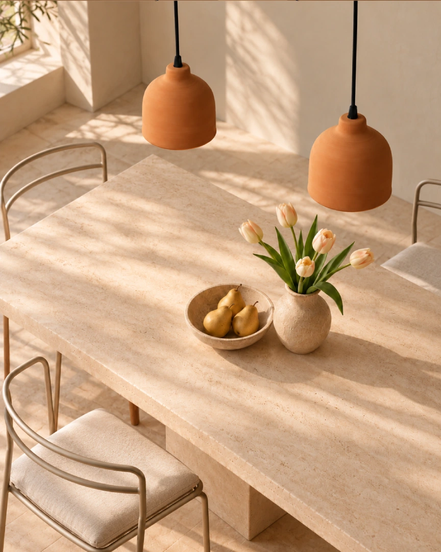 Comedor nórdico con lámparas de terracota (3)